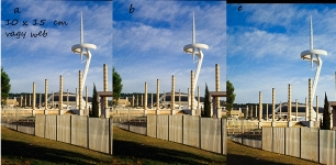 A k�pek �tlagos (kb. 100 DPI pixels�r�s�g�) monitoron, 100%-os nagy�t�sban j� k�zel�t�ssel �letnagys�gban modellezik, hogy hogy n�zn�nek ki a fot�k, vagy azok r�szlete az adott m�retben kinyomtatva.\nA k�peken minim�lis ut�munk�t v�geztem (level, sharp), enn�l j�val t�bb kihozhat� bel�l�k. Bocs, de a sz�neket nem l�ttem �ssze, s�t, nem is tisztogattam a di�t.