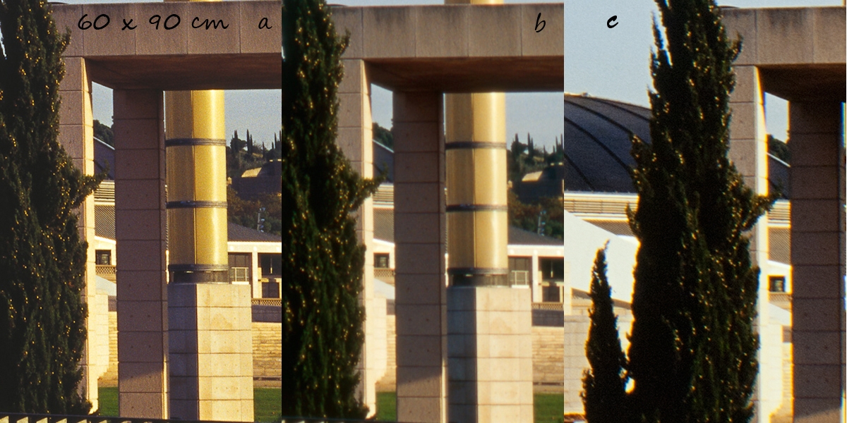 M�g 60x90 cm (!!!) m�retben nyomtatva is igen tisztess�ges min�s�get produk�l az Epson (b) �s a Nikon &copy; is. Egy kicsit agressz�vebb �les�t�s j�t tenne az epsonnak :-)